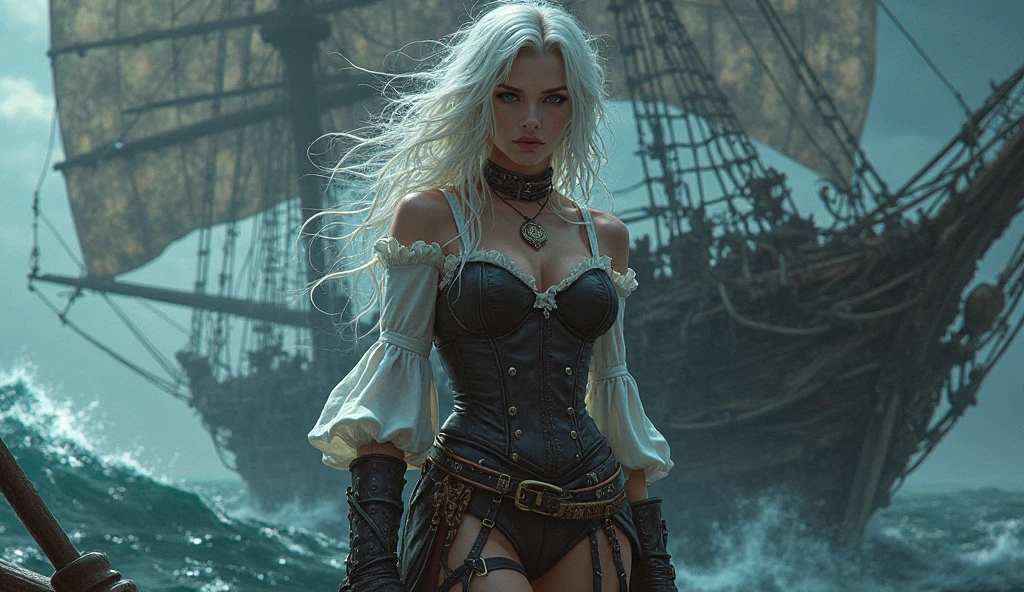 Generate [bichu] [greg rutkowski] by [luis royo] (point-of-view:1.5) detailed, intricate, oil on canvas, dry brush illustration of youthfull [1girl:1.5] [solo:1.5]. She is almost nude buxom dangerous daring (pirate:1.2) (admiral:1.2) prt (lost in thought), she is on a [stern] of [pirate ship] Galleon deck with her hand on her hip during dynamic and dramatic [naval battle], [jolly roger] flutters on the mast, during cold cloudy gloomy [rainy night:1.2] fog illuminated by moonlight glow. Ship a sleak frigate in the distance firering broadside salvo with visible flash and gunpowder smoke. Wearing (laced tunic:1.5) with exposed bare shoulders and [admiral pauldrons], [black chocker], and [long skirt] and armed with [Flintlock] tucked under belt and [sabre] on her hip. exposed, nsfw, exposed breast, exposed navel
