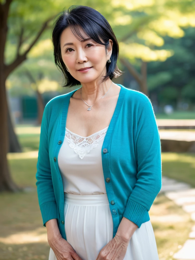 best quality, 8k, masterpiece, Photorealism, Practical, 1. Beautiful Japanese woman, Mature woman, 40 years old, Delicate skin texture, short hair, Good breast shape, Light blue knitted V-neck dress, sitting on a park bench, (View audience),