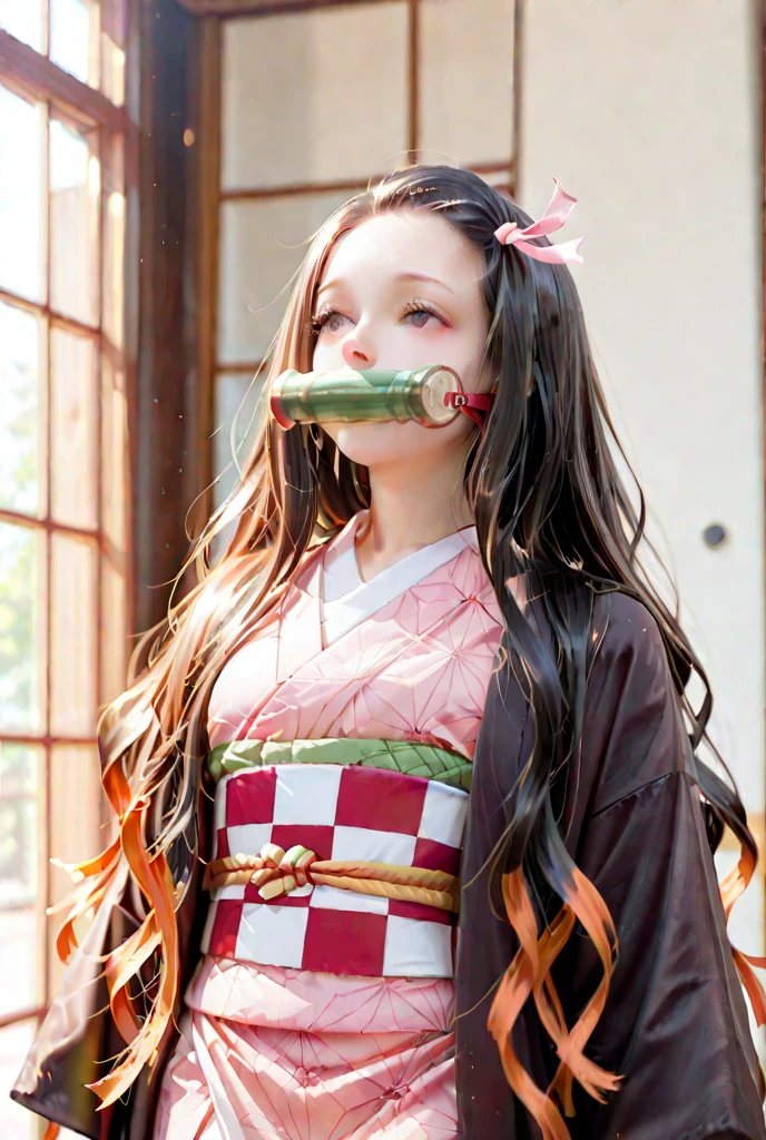 Tsuko Kamato, 1girl, bamboo, bit gag, brown hair, checkered belt, gag, gag, gradient hair, hair ribbon, haori, japanese clothes, kimono, long hair, looking at the audience, colorful hair, orange hair, pink eyes, pink kimono, pink ribbon, ribbon, solo, upper body, ((masterpiece)), frontal, sitting, cute, puffed cheeks, angry, wide eyes, masterpiece, best quality, high quality,White skin,Beautiful detailed face),(realistic:1.2),