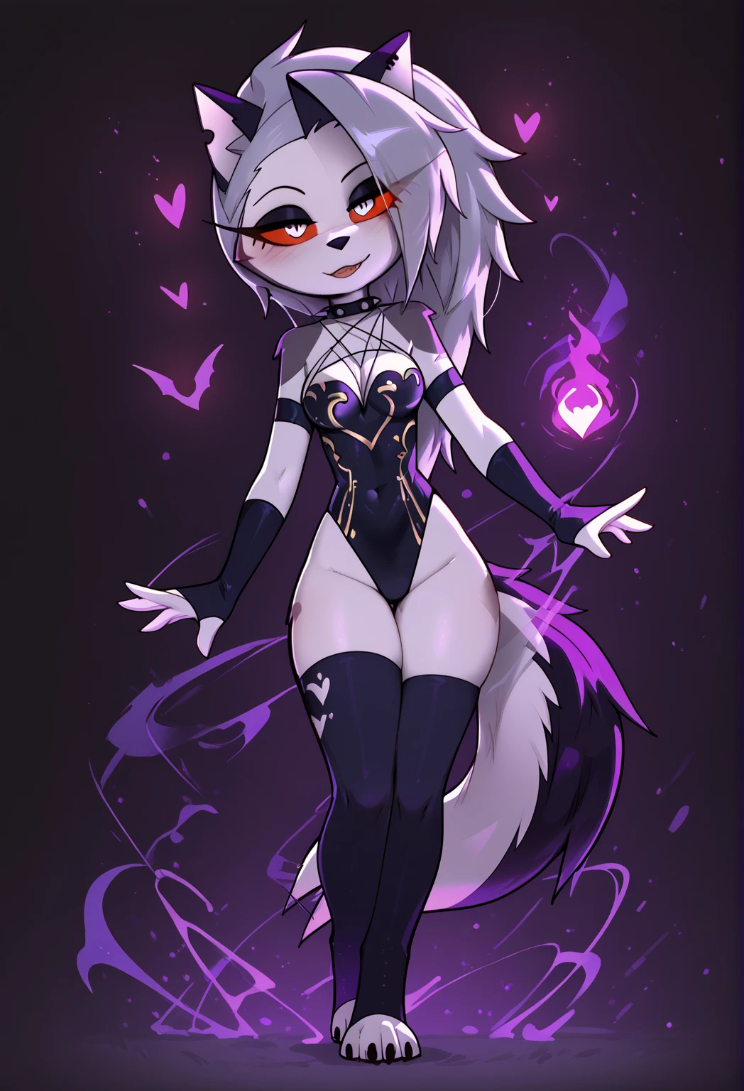 1girl, nsfw, ((loona hellhound:1.2)) (furry:1.2), (fluffy:1.1), (anthro:1.2), (snout:1.2), smile, spiked collar, long hair, (loonacroptop:1.1), (slit pupils:1.1, white eyes:1.1, red sclera), alleyway, plants, urban