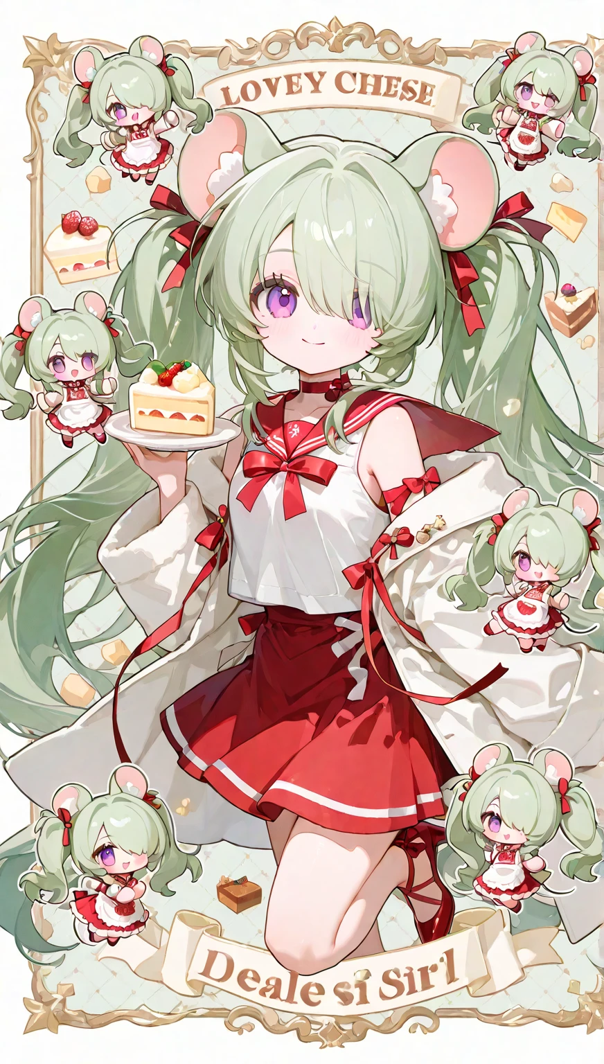 azhiichigo style,big eyes, thick lines, cute, 1girl, patisserie, limegreen, yellow eyes, animal ears, open mouth, long green nails, jumping, beautiful citrus, pattern background, detailed bakery setting, cute soft colors, gray, silver eyes, silver hair,