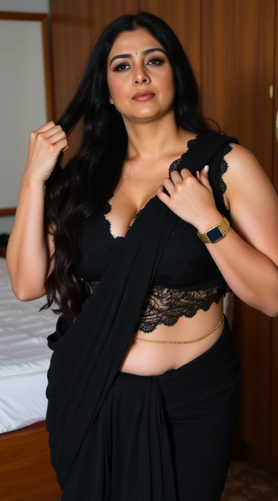 Madhuri Dixit 28 years old beautiful different cute Indian face Indian girl, big bulky m-cup breast, curvy plus size body figure, 3d Crewel Embroidery t-shirt, different colorful 3d Abstract Crewel Wearing a Banarasi descent saree politely, different hairstyle, bright eyes, thin eyebrows, fair skin, blushing cheeks, head to thigh close up view, smiling face, ultra realistic skin texture, Straight front view standing, beautiful different Urban Loft background, ultra realistic, close up head to thigh view, black hair, Provocative eye Contact, glossy lipstick, attractive eye contract face, big bulky breast