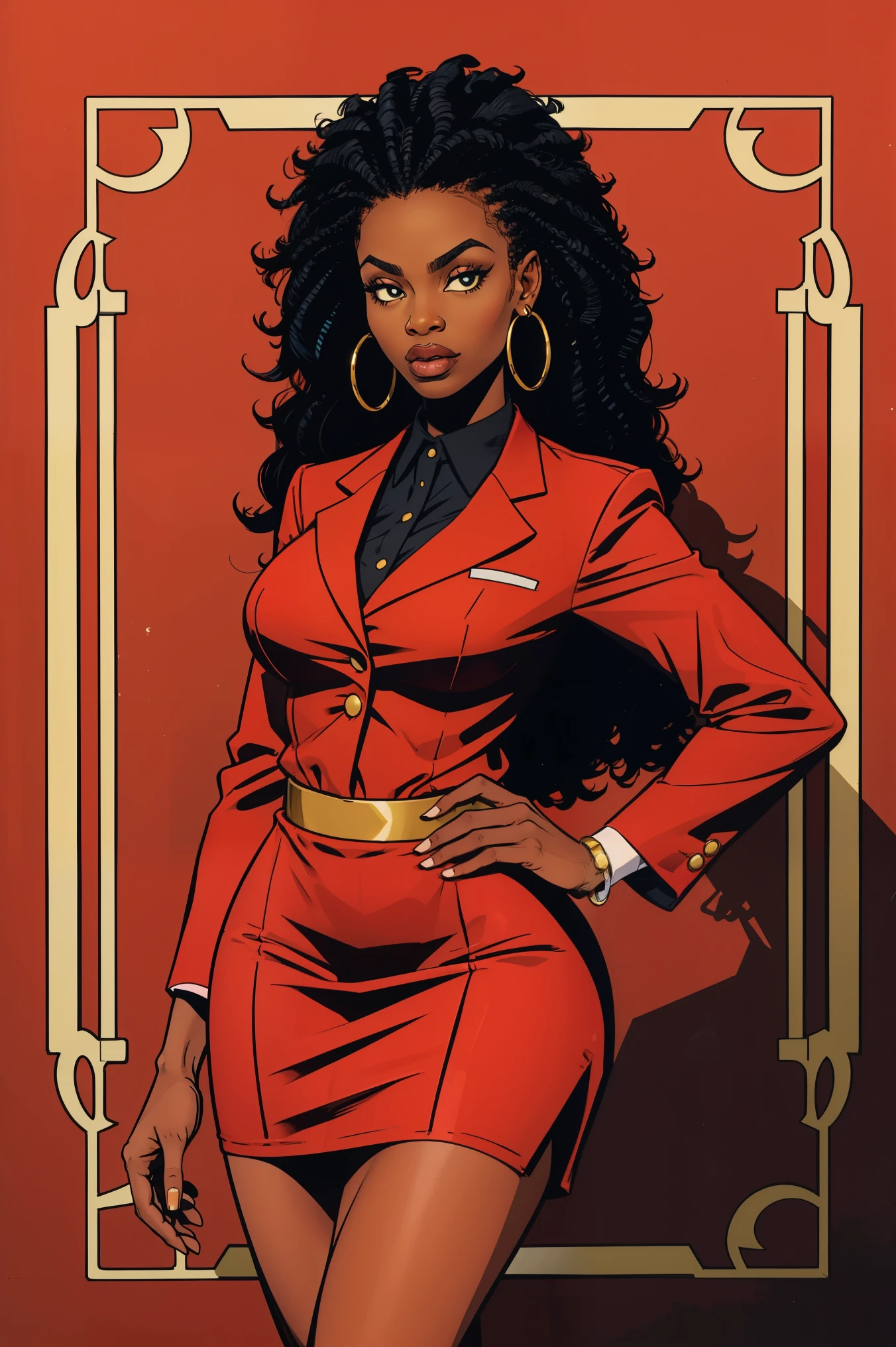EVIL BLACK SKINNED BUSINESS WOMAN WEARING A BLOUSE WITH A RED SKIRT SUIT 90s ANIME ARTSTYLE WITH DARK
RED HEELS FULL BODY WEARING A SLIGHTLY LONG RED PENCIL SKIRT , MAKE ALL THE RED MATCH