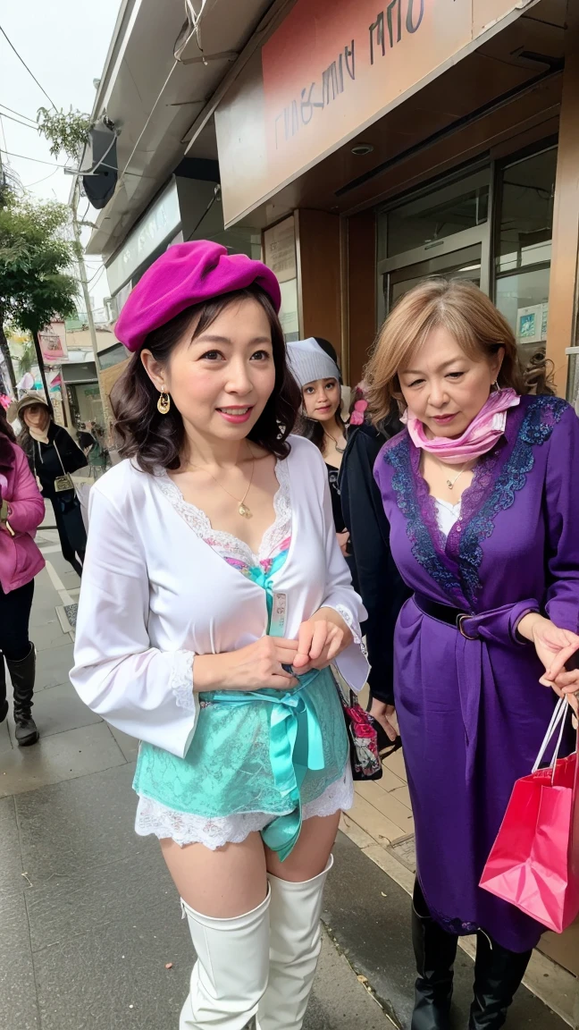 high resolution、High quality、high resolution、Masterpiece、details、raw photos、cute smile、sexy pose、looking into the camera、((Beautiful 46 year old MILF))、Beautiful makeup、(Blonde and long hair:1.3)、Flower Hair Ornaments、(flower scarf:1.3)、small floral hat、(Slim shape:1.3)、(small, Beautiful breasts:1.3)、Beautiful round butt.、(Fluorescent green floral underwear:1.3)、(Kimono-style half-cloak and knee-length boots.:1.3)、(Carrying a lot of luggage on your shoulders, such as a shoulder bag, tote bag, or shopping bags:1.3)、(At the intersection in front of a department store in Ginza:1.5)、(Shopping and walking among the crowds:1.4)