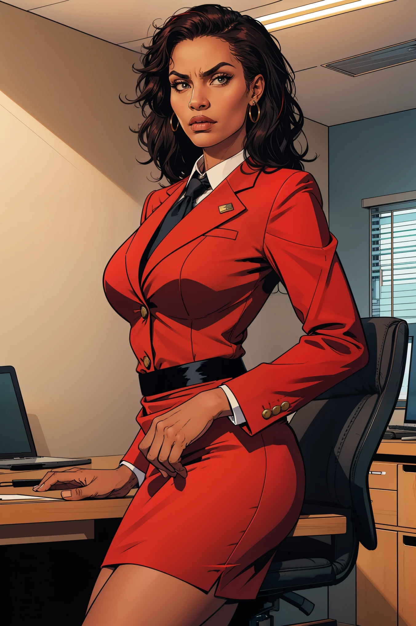 Pose in front of the ship、Big breasts about to burst、1 Female Alafe Naval Officer、thin and long legs,、Fitness Model、musculature、abdominals、Metallic Red Jacket、Long metallic red pants、Metallic white shirt with breast pocket、hatting、neck tie、Five-fingered、Class Chapters、decoration、skin tanned、glistning skin、Cool smile、Pose ready to fight
