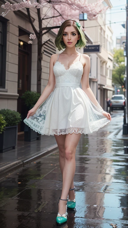 White lace dress,School Belle,Short skirt,whole body,High heel,Smile,student,Sultry eyes