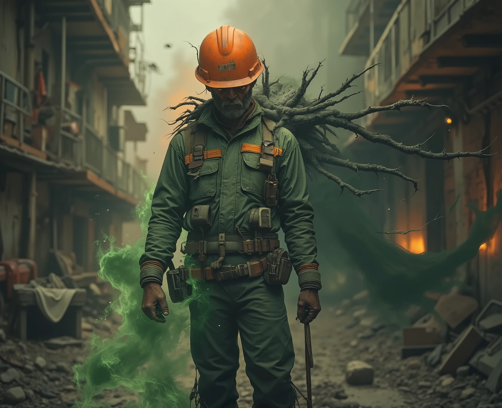 A builder in an orange construction helmet and a green work uniform ,A man living a double life , human dual personality, me and my shadow, me and my inner demon, is an ordinary person and his sick and ominous mental reflection, the second evil person