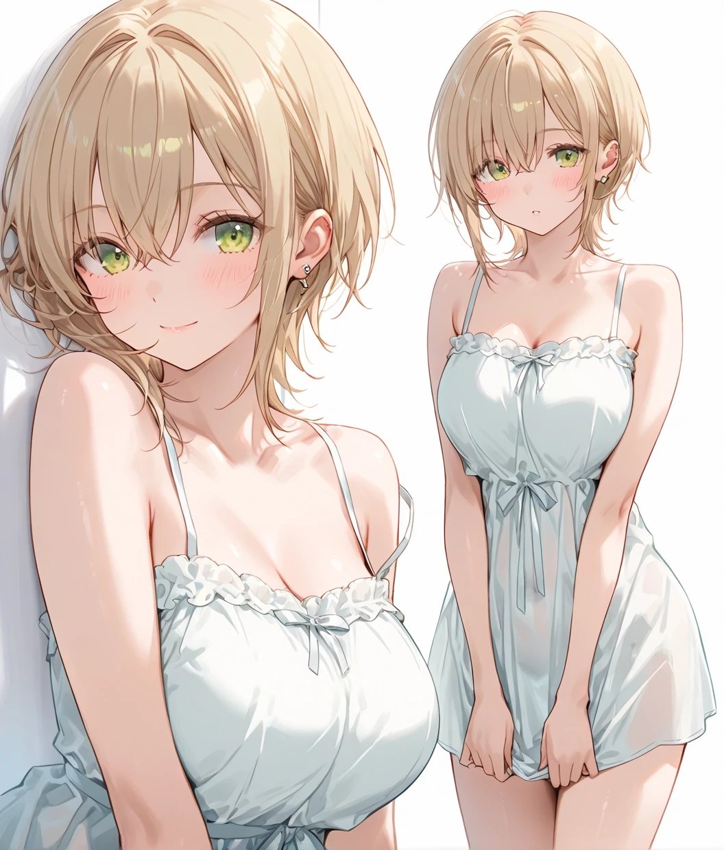 (masterpiece, top quality, very aesthetic, 4k、illustration), ()、intricate detail, 1woman,solo,contrapposto 、(gradient eyes、tareme)、middle hair、parted bangs,Fair skin,(cowboy shot)、beautiful women、、()、(gradient camisole、side-tie panties),grin、(gradient hair)、(braid light blonde  hair)、sidelock ,pink eyes、small breasts、slender 、