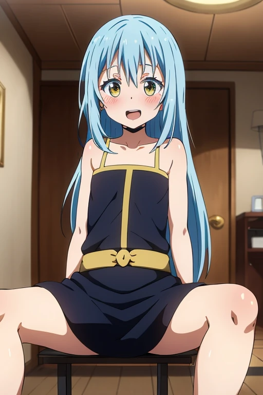 ((highest quality)), ((masterpiece)), (be familiar with), perfect face, indoor, Bedroom, looking at the viewer,
one woman, Rimuru=Tempest,
open mouth, ecstatic expression, blush, smile,
small breasts, flat chest, young girl, , , girl,
long hair, light blue hair, yellow eyes, long hair,
Completely naked, Nipple exposed, Sex with a man with a big cock, 膣内ejaculation, semen splashes, Insert a into your, sex in missionary position, , spread legs,