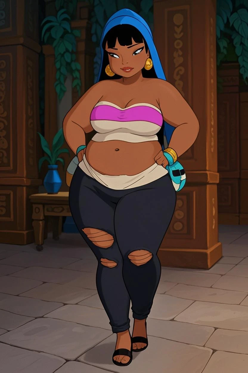 (work of art:1.2, best qualityer:1.2), soft ambient lighting, perfect lighting, 1 girl, standing alone, Chel, Bblack hair, long hair, rhombus stripe, eyes browns, darkskin, lipstick, breasts big, Broad Hips, top of the tube, neckleace, bared shoulders, emerald earrings, emerald bracelets, looking at the camera with a smug expression on his face, hands on hips, market bottom, full body market, very large body, fat belly rolls, ssBBW, big breasts, sexy smile, fat arms, thunder thighs, super fat, BBW, looking at viewer, cute