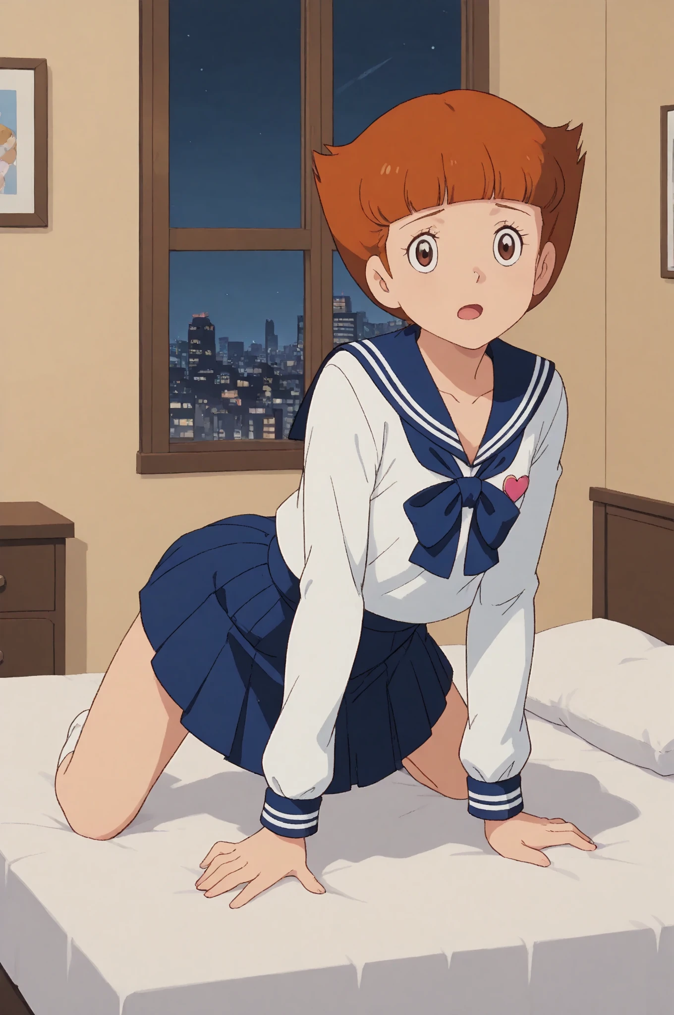1girls, masterpiece, highest quality, disorganized, retro artstyle, 1980s \(style\)))), look viewer, (((sailor uniform))), (esper_mami), (((scoolgirl uniform))), knee shot, full blush, (((white Panties))),, Take a look here, view audience, short hair, 2girls, nsfw, Genitals are visible, (((See here))), (Japanese girl showing off panties:1.1), look viewer, from below, (((a girl, Flying in the air in a sailor uniform, from the knees up, overlooking the cityscape below,))),