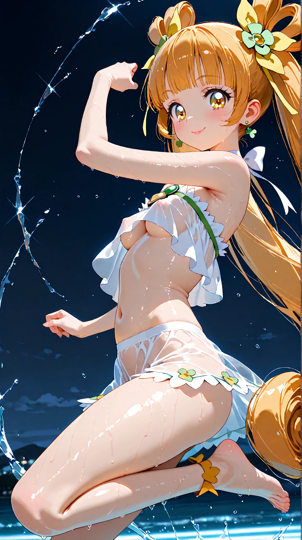 jellyfish hat, jellyfish nipple seal, bikini and jellyfish fusion, brown skin, active pose, natural luminescence, pigtails, small breasts, lower breasts, female brat, thick eyebrows, thin waist, beautiful blonde, braid, (masterpiece), ((highest quality)), (super detailed), girl, (beautiful eyes)), beautiful detailed eyes, clean and detailed face, five fingers, textile shading, perfect anatomy,