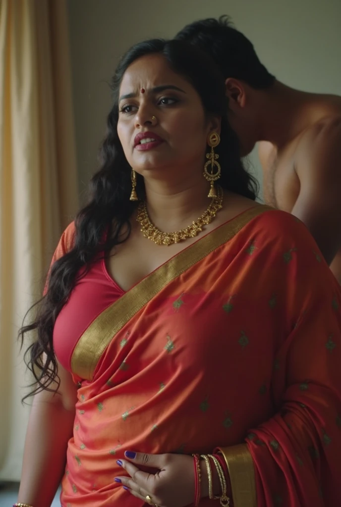 A radiant, full-figured South Indian plus-sized 30 year old teacher wearing a cream silky saree tenderly hugging and kissing a group of jubilant 20-year-old men in class room, captured in a full-body image with vibrant hues and meticulous details.