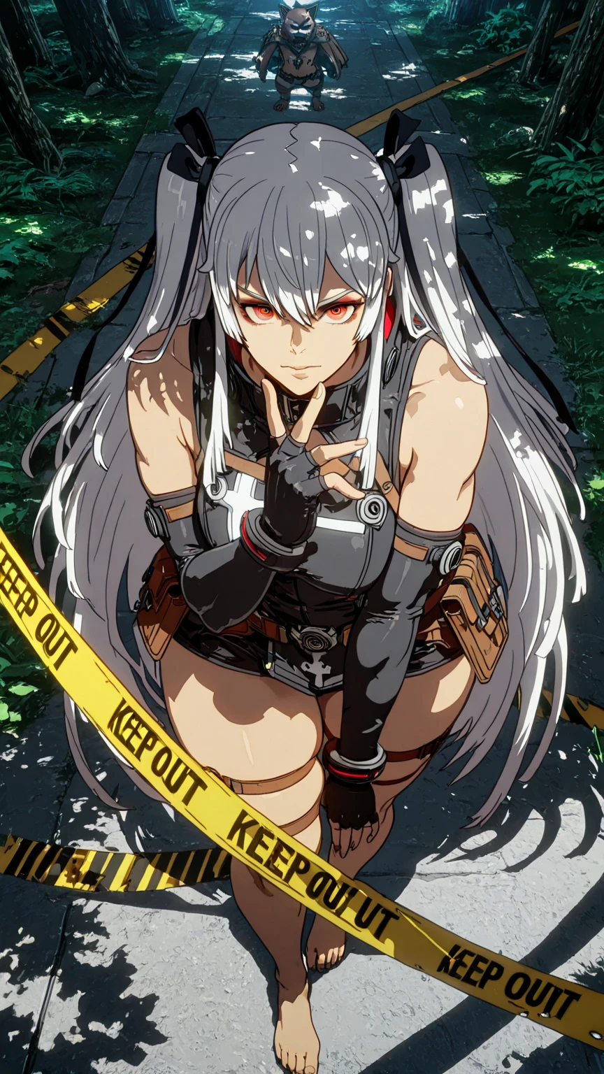 ggstduel, (anime coloring, anime screencap), shiny skin, (pepe_(jonasan)-style:1.8), (kinohara_kossuta-style:1.2), (oosawara_sadao-style:1.4), ((anatomical correct)), ((Cinematic, unreal engine, eye-catching, ambient occlusion, UHD, masterpiece)), ((perfect lighting, dappled sunlight, soft shadow)), perfect body, perfect eyes, perfect fingers, gasping, heavy breathing, gasping profusely, ((skindentation)), ((curvy)), white hair, absurdly long hair, sidelocks, two side up, hair ribbon, multicolored eyes, square pupils, plump, 1girl, caution_tape, solo, looking_at_viewer, gloves, thigh_strap, fingerless_gloves, bare_shoulders, breasts, barefoot, elbow_gloves, keep_out, torn_clothes, black_gloves, sleeveless, standing, closed_mouth, fingernails, star_(symbol), glowing effect, glowing eyes, ((from above)), dynamic pose