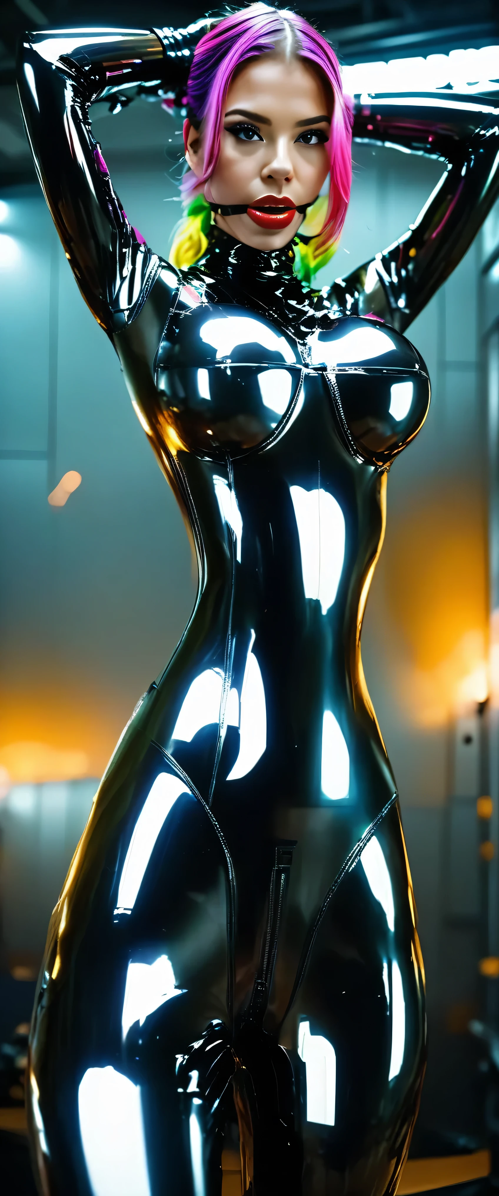 The image features a (busty) woman dressed in a form-fitting, glossy latex suit that covers her body, emphasizing its contours. She has long, vibrant hair that cascades down past her shoulders. Her arms are raised above her head, and she wears gloves that are secured by restraints. The lighting in the scene casts a soft glow, highlighting the sheen of the latex material. The background appears to be an interior setting, with industrial or metallic elements visible, suggesting a futuristic or sci-fi theme. The overall atmosphere is dramatic, created by the contrasting textures and the interplay of light and shadow. The composition focuses on the glossy material and vibrant details, adding a sense of suspense and intrigue.rating_questionable