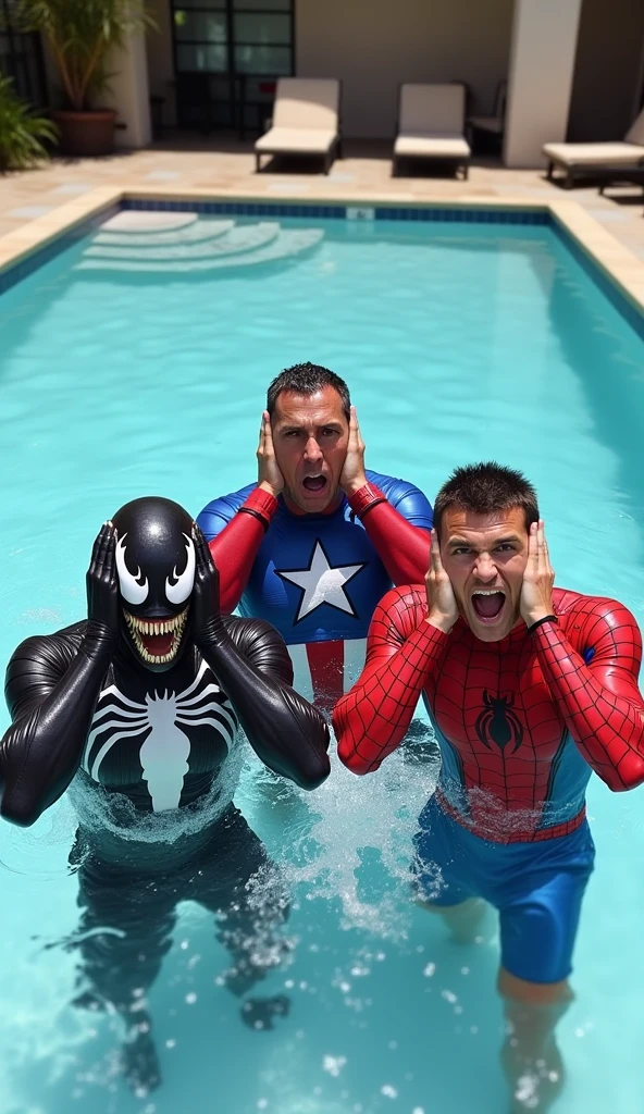 Spiderman in swimsuit resting men kiss his feet with sweat and saliva 