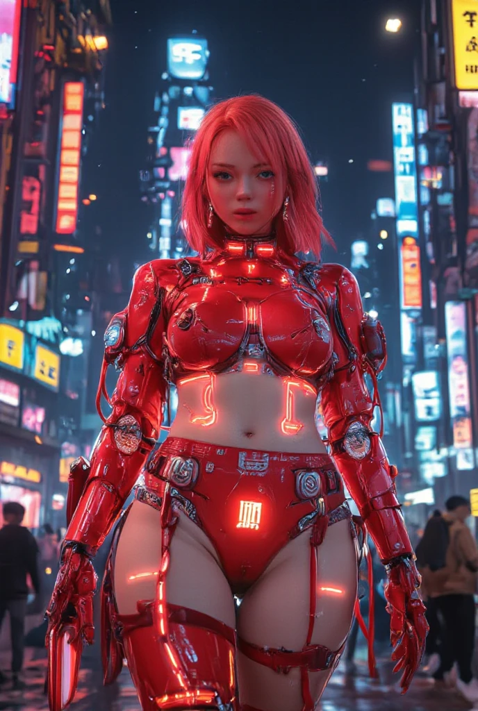 (Mejor calidad, Obra maestra:1.2), ciberpunk, vulgar, nasty cyborg woman in repair, ojo llameante, robots, love doll, rostro, Sex Shop, neon lights, dystopian cityscape, Dark alley, Fumar, Pintada, modificaciones corporales,nsfw,