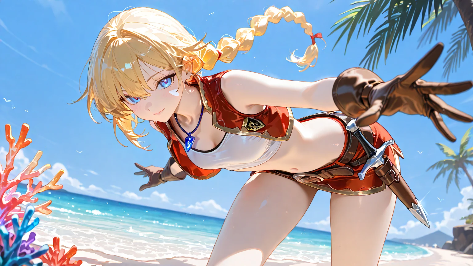 1girl, light blonde hair, multicolored hair, cat ear, bikini, beach scenery, side lighting, light particles, wallpaper,