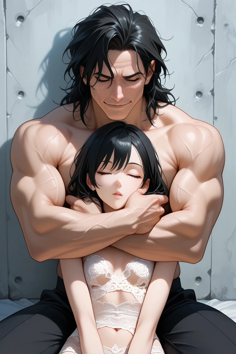 Woman in black bikini and small man in white shirt, weak and small man, thin and small physique, Very beauthful. , ,weak and defenseless man, small physique, , muscular ultraviolent woman, muscular and scary, absurdly huge physique, big muscles, extremely muscular woman, woman stepping on man, small man being stepped on by woman,