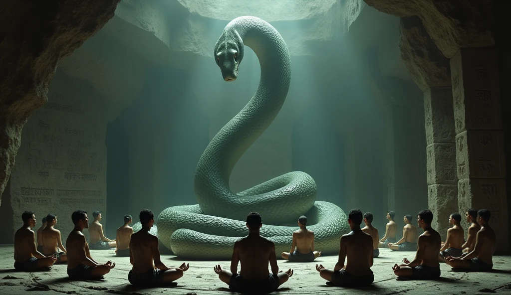 A man meditates in the lotus position. As a gigantic cosmic creature emerged from his third eye in the form of a huge snake.