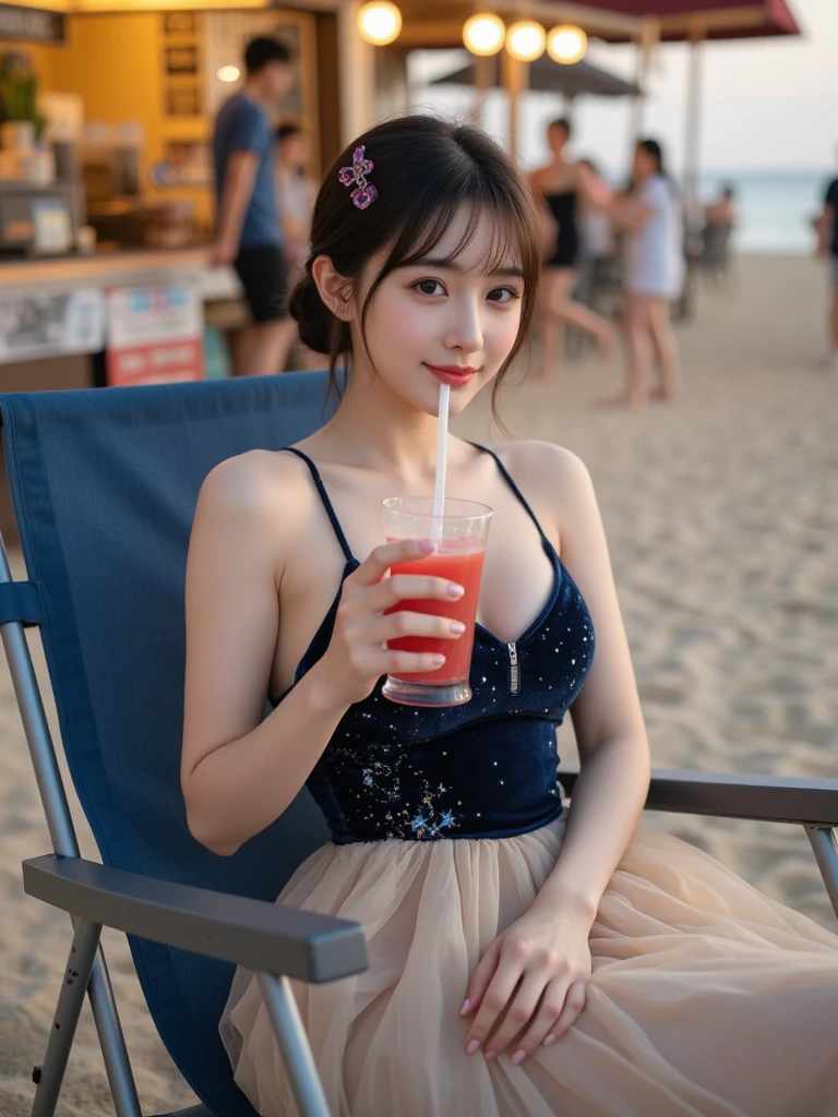 Diffuse lighting、 Highest quality, High resolution, unity 8k wallpaper、Supersaturation, Japanese、1 female、23 years old、Wearing a white hoodie、Under her hoodie she was wearing a black lace bra、beautiful、Adult women、Poolside、Outdoor、Drinking tropical juices、