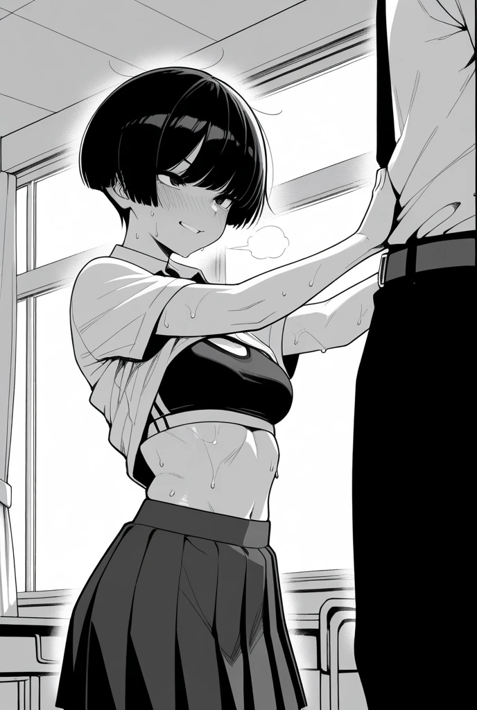 (8k、Best image quality、Highest quality、masterpiece)、Detailed face、One girl、pixie short hair、Black Hair、Bright Blue Eyes、Heart Pupil、Wicked Smile、((steam, sweat, Grin))、Small breasts、((White oversized long shirt)), Short sleeve、Bra straps、No off-the-shoulder underwear、Cowboy Shot、entrance、Open the door、(A half-naked, muscular man hugs her from behind:1.5, from the front、Facing forward:1.5), indoor、entrance、 Detailed people、Detailed Background