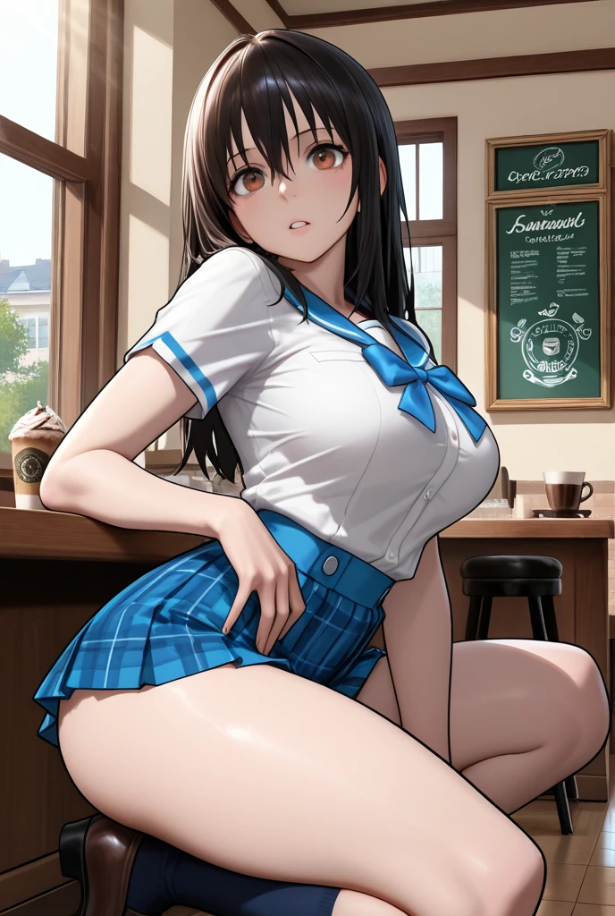 ((masterpiece,best quality)), highres, extremely detailed 8K wallpaper, depth_of_field, best shadow, (Colorful),(Delicate eyes and face), nice hand, Perfect hands, volumatic light, Ray tracing, BREAK
(1girl in), sixteen years old, hair: {Black hair, (Messy hair:1.2), Blunt bangs, long Hair, (Big hair:1.2)} Purple eyes, Sharp eyes, Big breasts, slender, skinny, Happy, blush, BREAK,
(wear white school uniform top over black playboy_bunny leotard:1.3), (sailor collar:1.5), (red tie:1.3), (fake animal ears), (Parted clothes at the top and bottom:1.2), (short sleeves:1.1), (black BunnyGirl Costume:0.8), (fishnet stockings:1.2), High heels, (rabbit_tail:1.2), BREAK,
Cowboy Shots, Looking at Viewer, stomach focus, inside the bar, Ultra detailed backgrounds,