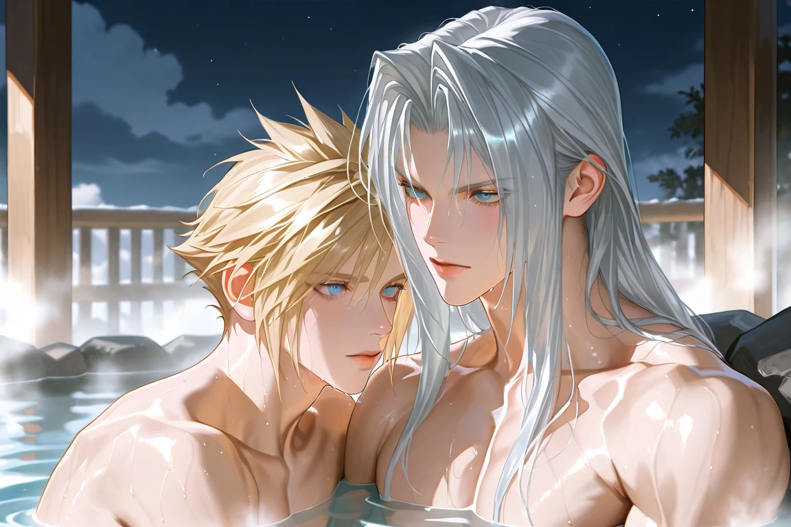 2boys,13 only、(Man's :2) ,twins,Handsome boy,Long silver hair、a blond、Collar,tattooed、Upper body naked、starrysky 、sand beach、Back lighting、hightquality、masutepiece,8K,