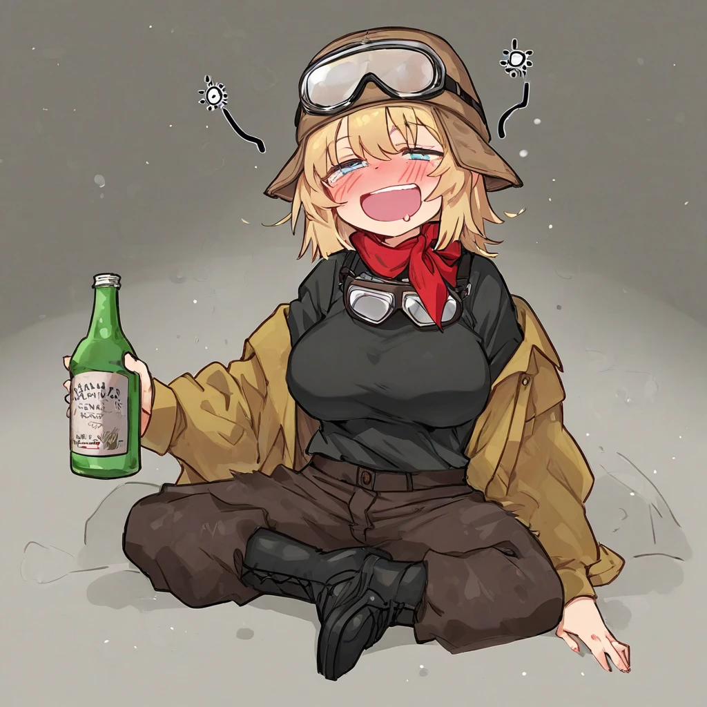 chubby black woman, black skin, redhair, messy hair, white shirt, orange fur coat, red lipstick, drinking beer, orang crown shaped headphone