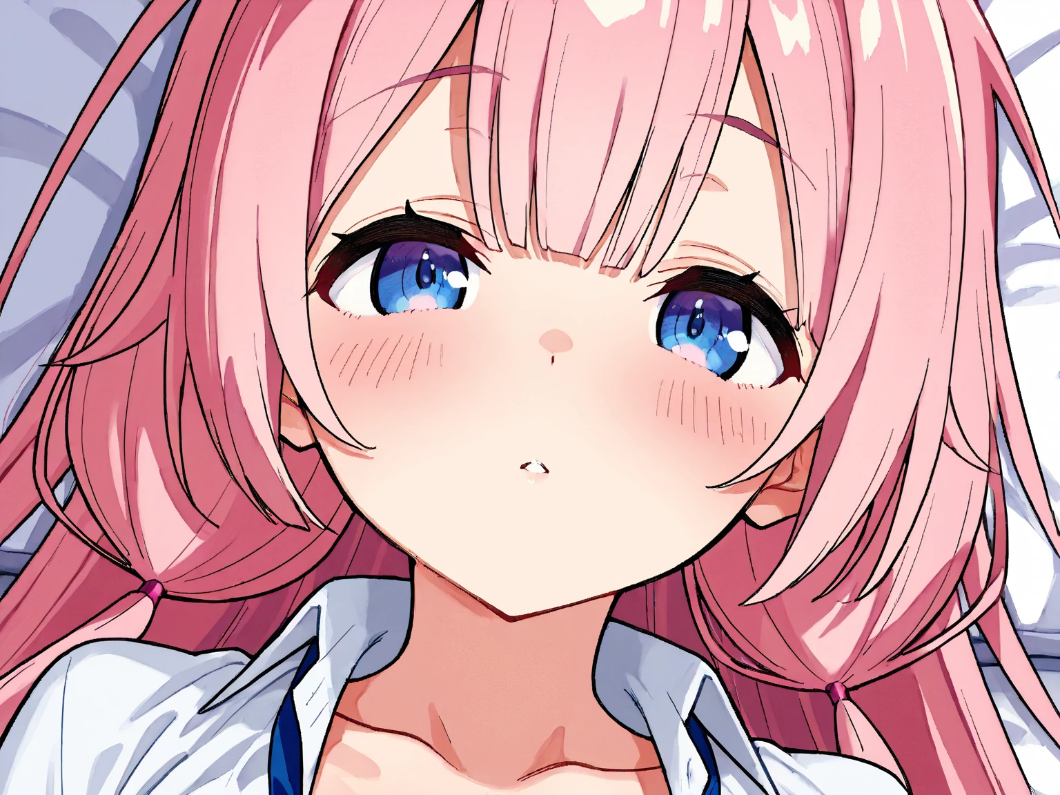 Point the other person with the index finger of one hand.１Pointing with a book、be surprised、Uh huh?、、Pink haired woman、blue eyes
