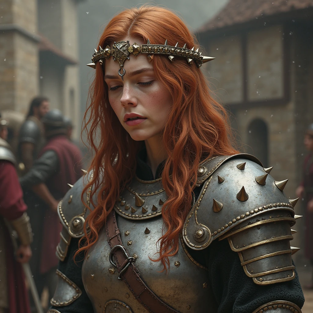 Viking woman at a feast,eating brownie on small aluminum tray .