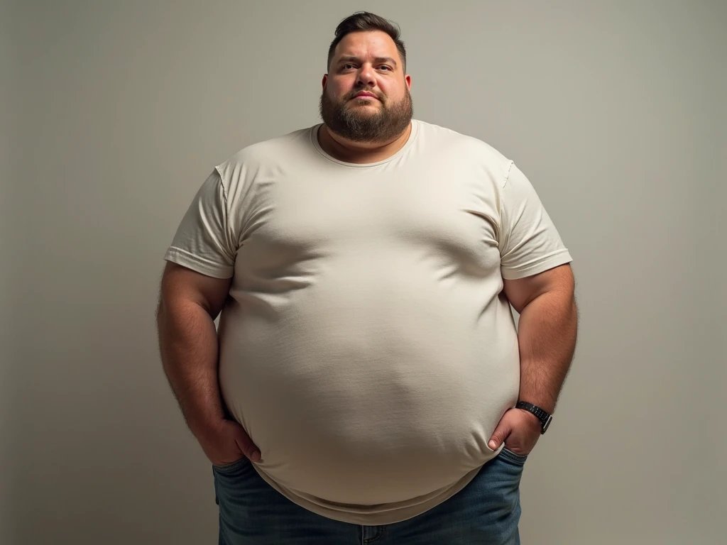 Fat boy, middle-part hair, wearing , belly fat,