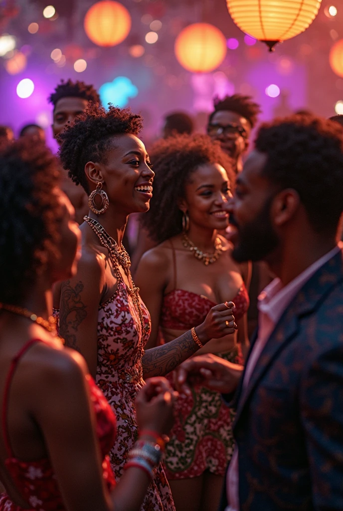 Photo realistic cinematic attractive African American men and African American women at party outside, dressed nice, luxury, having fun,