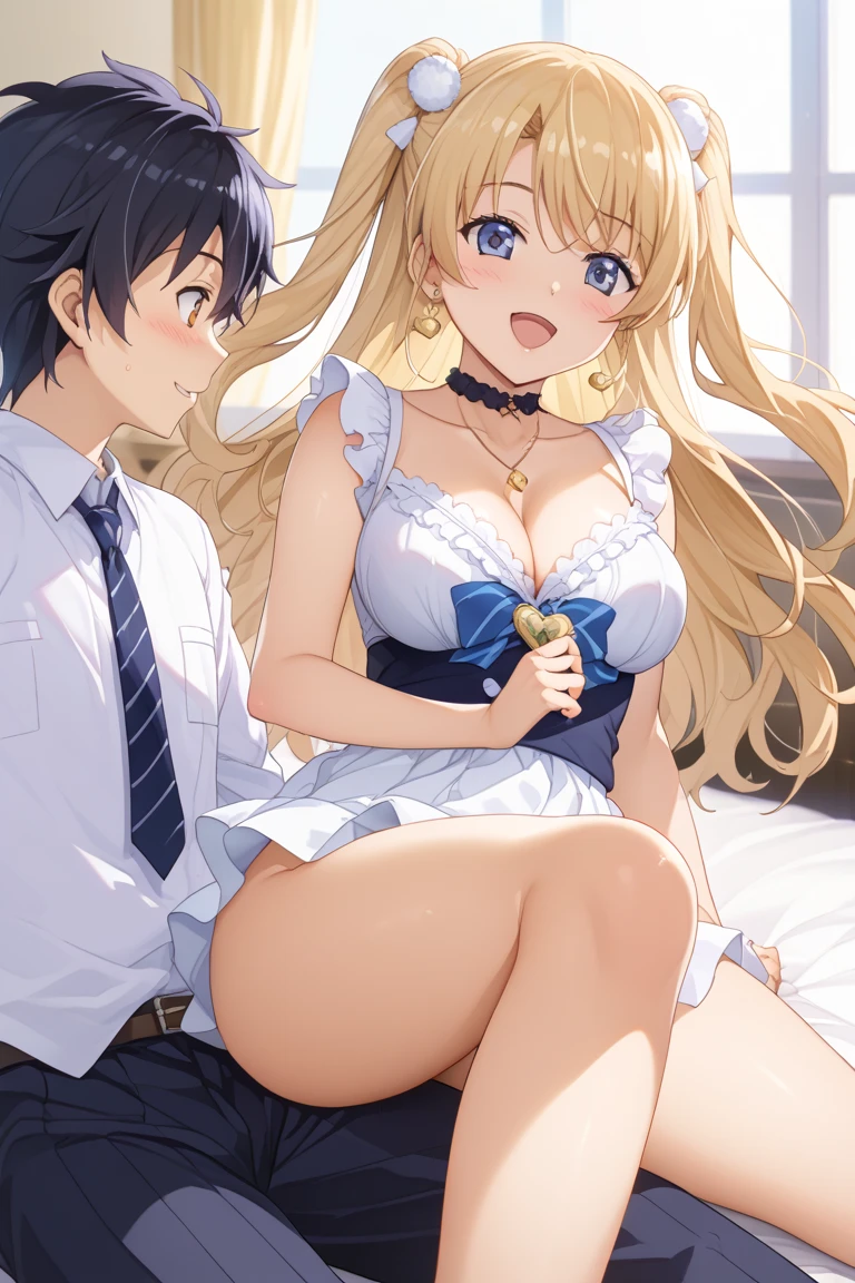 score_9, score_8_up, score_7_up, 1boy, upright straddle, straddling, girl on top, sitting, both hands on both another's shoulders, lumine from genshin, aether from genshin impact, detailed background, flowers, window, happy, perfect ???????, pussy juices, nipples, lingerie, camisole, nightgown, sheer bra, lace trim, collarbone, Expressiveh, open mouth, happy