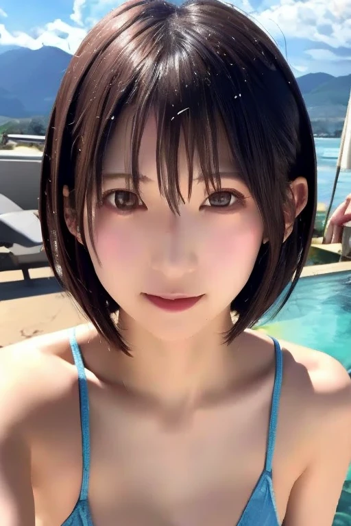 Nipples are visible,Runway,slingshot bikini,Spread your arms,Anime Nose, anime eye, Anime Mouth,Wet Skin, wet hair,Upper Body, green_eye,{{{{{Avert your eyes}}}}},{{Browsing Caution}}, {{{{{from the front}}}},Mouth closed, lovelive!, {{{Anime Mouth}}},{{{{{Upper Body}}}}},{{{{{Portraiture}}}}}, {{{{{Laughter}}}}}, {{{{{Small breasts}}}}},Panty shot, (masterpiece, Highest quality:1.2),shape,8K,High resolution,One Girl,alone,black_hair,short_ponytail, Side Lock,low_ponytail,smile,black_eye,