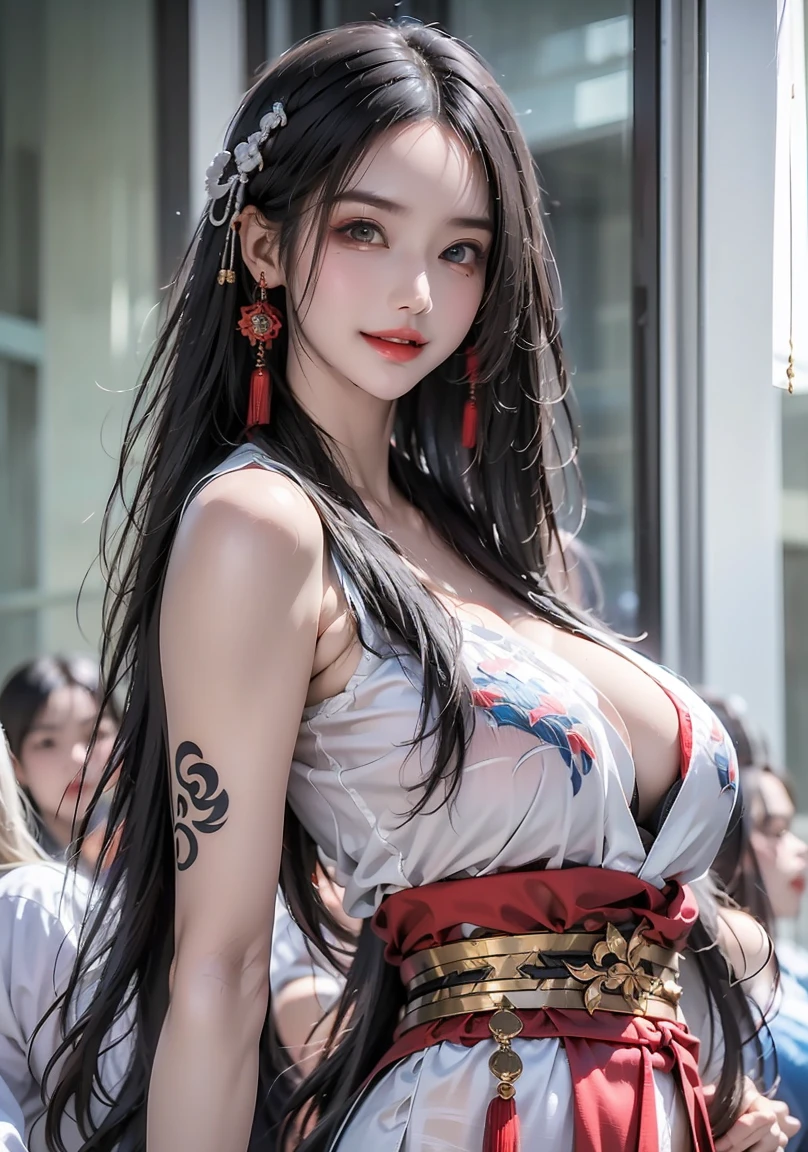 One Piece Yamato,Wear sexy kimono tops,Shorts exposed on both sides,Close-up of a woman,With a pair of long horns,The tip of the horn is red, OPPEIN, OPPEIN proportions, Extremely detailed Artgerm, author:Kentaro Miura, Yoshitaka Amano Carroll Barker, Exquisite details. Japanese cartoons. biomechanical OPPEIN, seductive Japanese cartoons girl