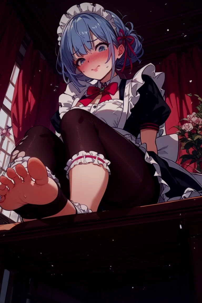 score_9, score_8_up,score_7_up,black hair,black bonnet,baggy vampire costume,darkblue hair,wavy short hair,open mouth,double teeth,claw pose,sitting on throne,barefoot,foot focus,from below,bare legs,pale skin,(visible panties),