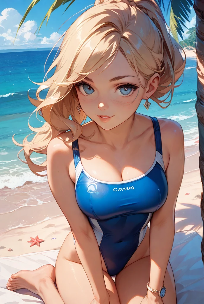 masterpiece, best quality, highly detailed, ultra high res, ayase arisa, 1girl, solo, perfect body, blue eyes, hair ornament, blonde hair, long hair, blush, glossy lips, cheerleader, medium breasts, cleavage, midriff, (quicksand:1.4)