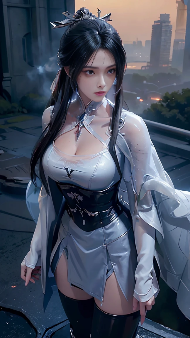 a matured woman with long black hair and a white outfit, (at a rock place in a desert:1.5), (standing in oasis:1.2, holding metal water bottles:1.3, standing:1.3, with cross-legged:1.3, with lifting arms, in front of Arabic ruins:1.2), Arabic, (Post apocalyptic:0.2), from arknights, artwork in the style of guweiz, bodyesbian, fine details. girls frontline, beautiful anime illustration, from girls frontline, by Yang J, stunning, 26 years old, (milf:1.3), (solo:1.5), (sfw:1.25), sagging breast, fuge breasts, big tits, thin waist, big ass, Raised sexy, (dark mahogany medium short hair, updo, hair over one eye, asymmetric hair, Carly hair, low tied braids),(musulman, white Headscarfs, hair bands, head vandage, Turban), (ultra high resolution, 8K RAW photo, photo realistics, thin outline:1.3, clear focus), best qualtiy, natural lighting, textile shading, blurry back ground, field depth, bokeh, (Bright pupils, fine detailed beautiful eyes with highlight:1.3, high detailed face), Red lip, looking at viewers:1.3, (dynamic angle:1.2, front view:1.2, breast focus:1.3, from below:1.1), dynamic posing, (sexy posing:1.2, leaning forward), seductive smiling:1.3, center image, (wearing white long jacket and clothes, wearing white robes:1.2, ((bare breast:1.37)), platinum ornaments, white clothes rolling around waist, camel-brown long leather boots:1.3, translucent lace pantyhose), ((correct anatomy:1.5)), ((outdoor:1.2, in a night:1.3)),