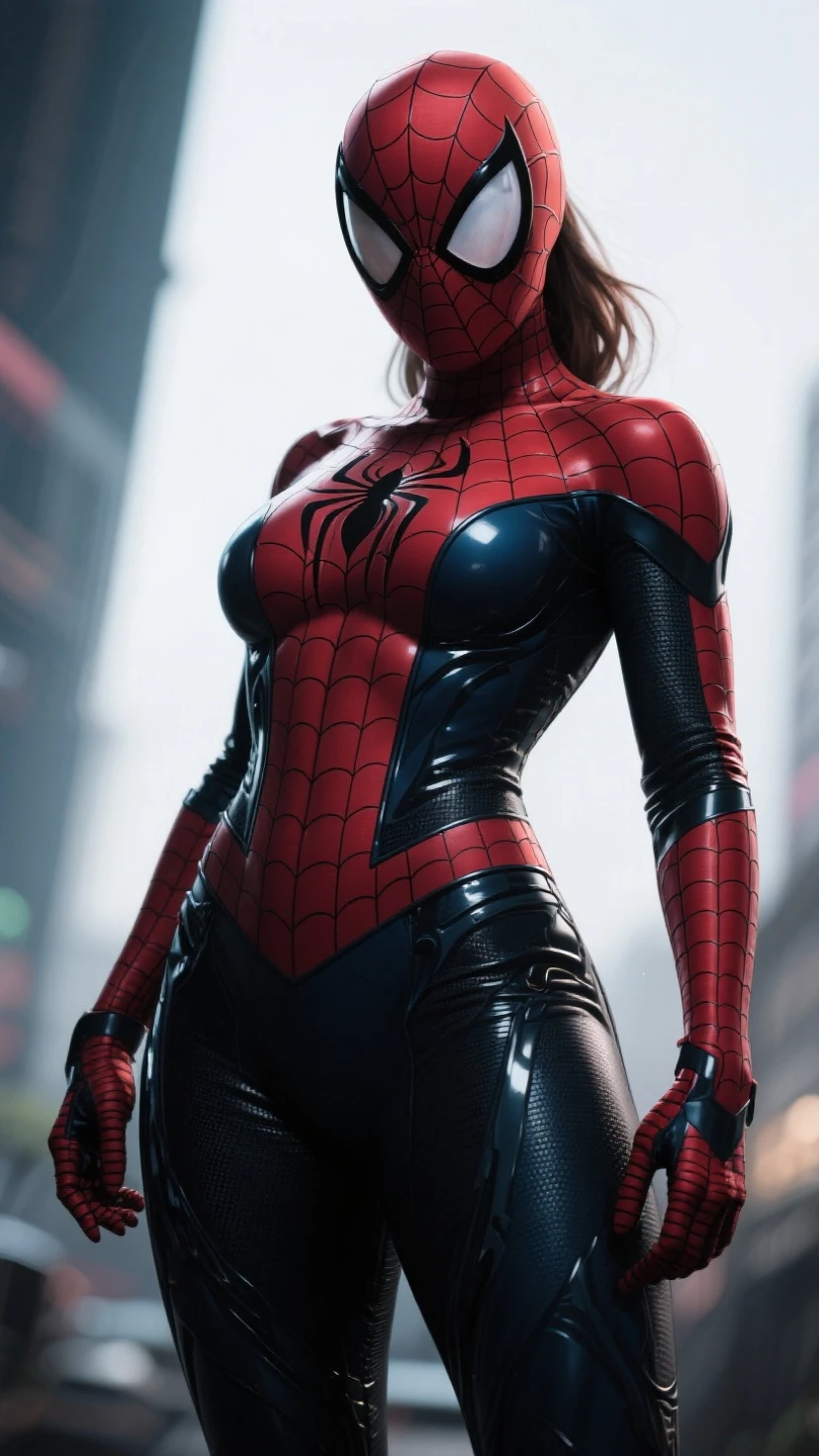 nsfw:1.1((Cowboy Shot))、Mature Woman、(masterpiece, Highest quality), Intricate details, 8K, 1 Girl, Long Hair, Bowl Cut Hair,((blunt bangs))、 Black Hair,((Spiderman Suit)),Skyscraper, city, building,street,((Delicate painting)),(Detailed RAW photos of girls), (Pieces fly:1.25), (Highest quality:1.6), (Ultra-high resolution:1.5), (Photorealistic:1.75), 8K resolution, Canon EOS R5, 50mm, Confused, Very detailed,Cinema Lighting、(((Super big breasts)))、Leg spread、(I can see your abs)、((Separate suits))、Spider knee-high socks、Sexy pose、spiderman bikini、(((Ripped and tattered suit:1.1)))