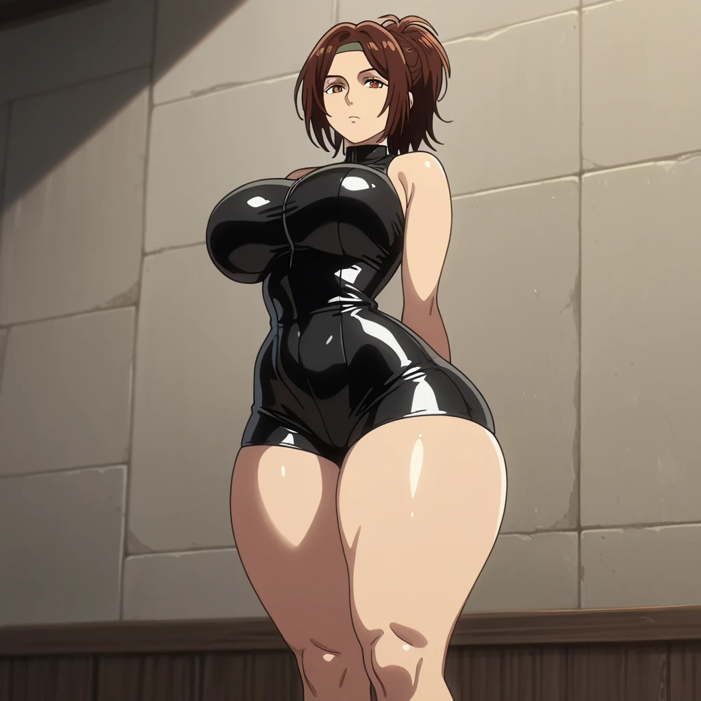 High resolution, Code Geass Art Style, Karen Stadtfeld 1girl, (((Slut))), Short Red Hair, blue eyes, Earrings, Swollen lips, Painted lips, Thick lips, Wide Hips, Thick thighs, Huge breasts, Huge Ass, expose one's cleavage, erotic, Sexy Face, Bubble Butt, Camel Toe, pink bunny costume, feet, expose one's cleavage