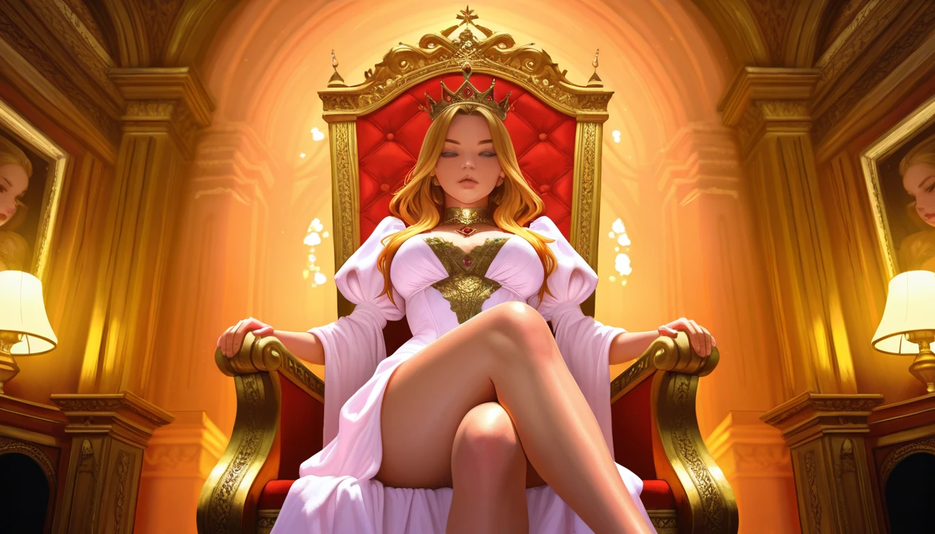 lifelike，married woman，Long Blond Hair，Golden eyes，huge tits，Throne chained，crown，A look of jealousy，Smooth skin，Light gold tattoo，oral-sexy，Golden robe，maximum quality，highest detailed
