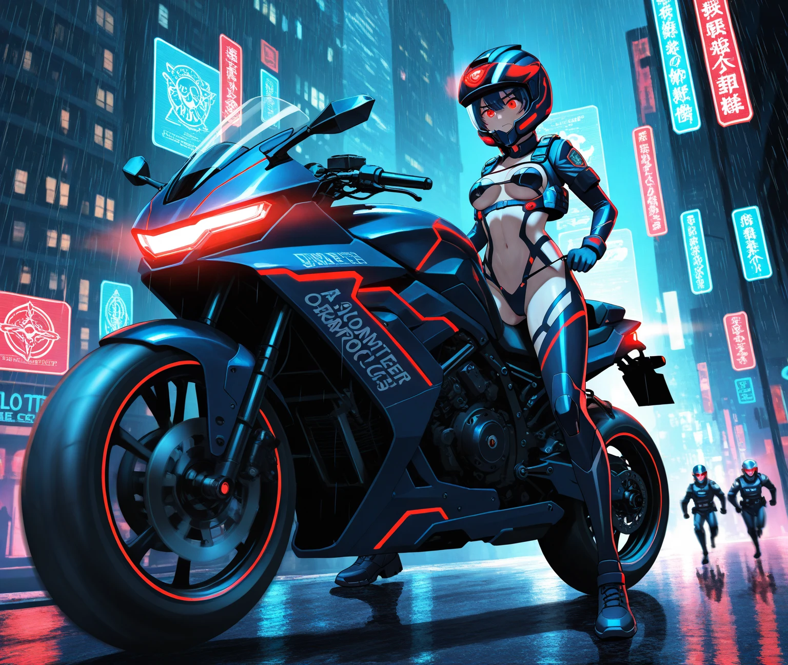 Beauty, high-tech full-enveloping helmet, white flowing long hair, sexy cyber warrior and cybermechanical motorcycle, full body exquisite high-tech armor, exquisite black tech helmet, Nousr, biomechanics, MSHN robot man, high-tech helmet, surreal, steel, intricate design, crazy details, fine details, extremely clear lines, cinematic lighting, photo realistic, detailed masterpiece