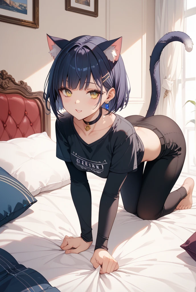 A girl with dark blue hair, cat ears and a tail, wearing a tank top and leggings, and a lolita figure. Loli body type Spreading legs