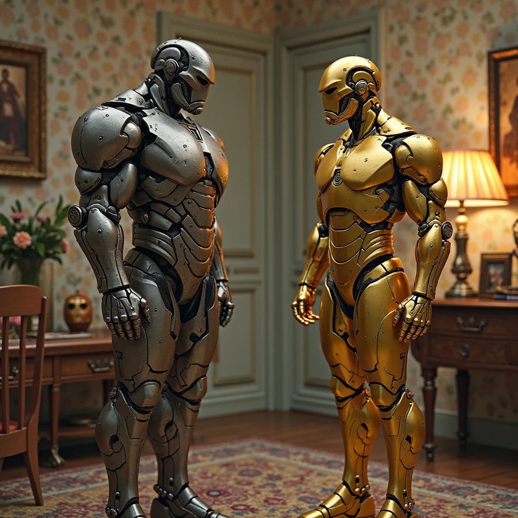 Robot & homens 2 beta 1 3 3 0, in the style of illusory wallpaper portraits, realismo colorido, modular, close-ups intensos, ouro escuro e vermelho, Imagem UHD, Realismo inspirado em mosaico --AR 71:118 --s 750 --niji 5