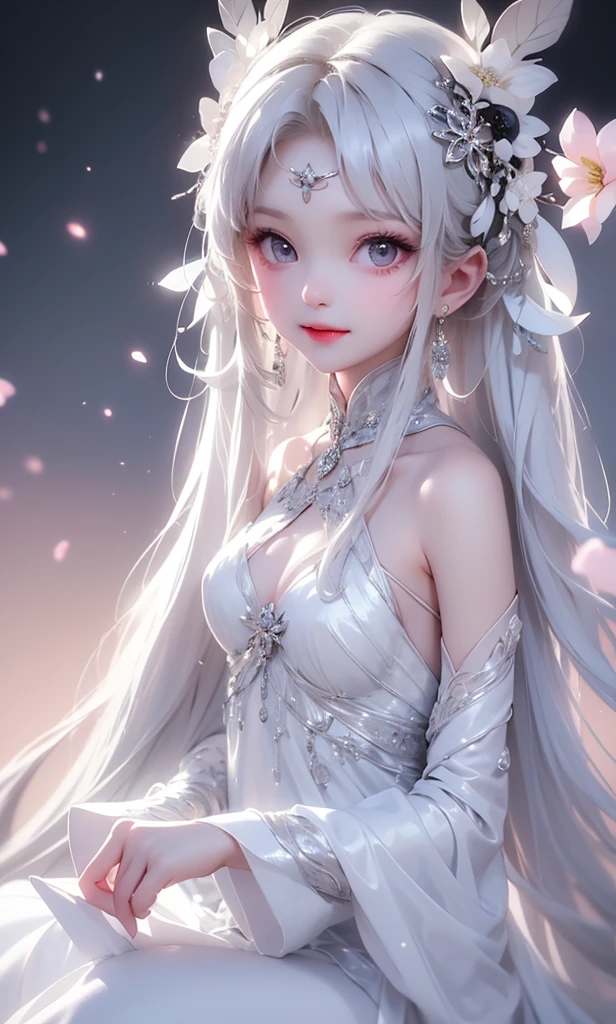 Ning Guang (Genshin), 1 girl, long hair, breasts, looking at viewer, blushing, bangs, large breasts, hair accessory, red eyes, dress, hugging, bare shoulders, closed mouth, white hair, heart, solo focus, looking back, facing away, sitting, sitting on glass chair, on glass panel, visible female genitalia, visible vagina, visible pussy, visible vagina, Chinese dress, tassels, cheongsam