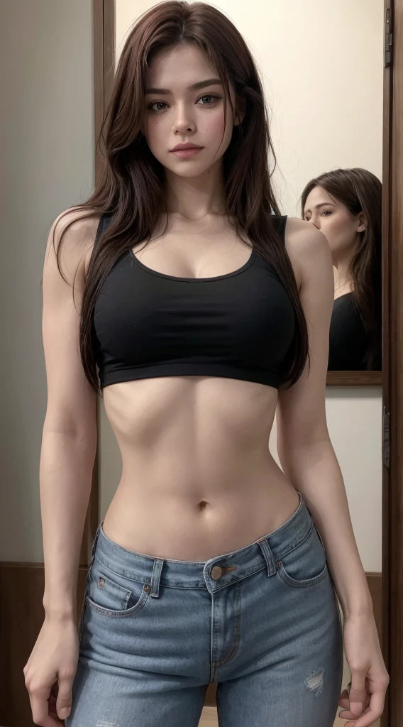 ((Best Quality, 8K, Masterpiece: 1.3)), 1girl, Slim Abs Beauty: 1.3, (Hairstyle Casual, Big Breasts: 1.2), Dress: 1.1, Super Fine Face, Delicate Eyes, Double Eyelids, Smile, Home, ((black bikini with jeans)), ((front shoot)), ((hands up look front)), (big breast)),((sitting shoot))