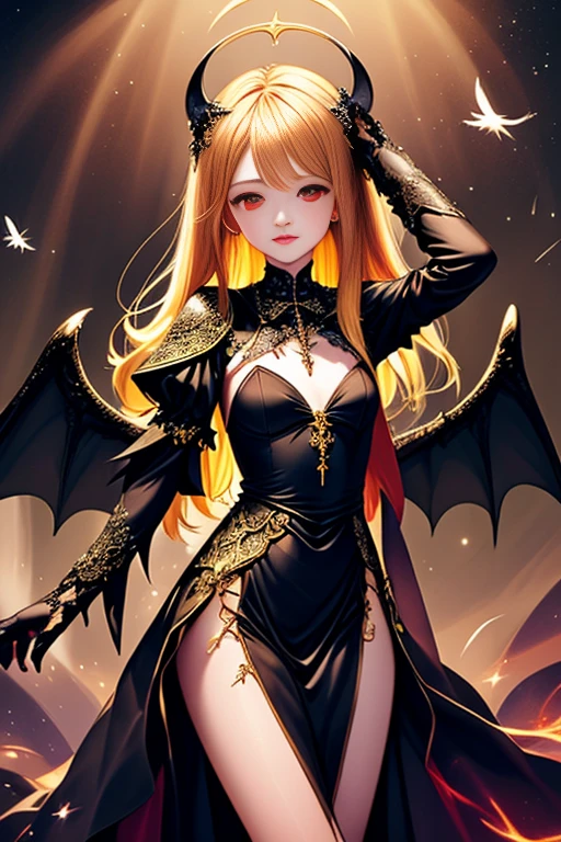 Female devil in hell,dark gold hair,yellow eye,black and yellow costume, armor and wing made from bone animal