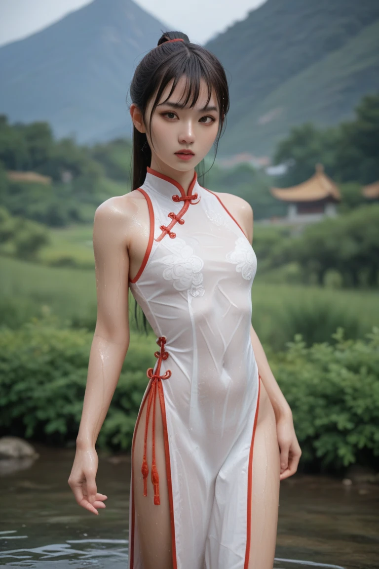 femele,12 years old,japanes,Brown hair,(((Wine Red Silk Dress))),Beautiful short hair,,Hair fastening to bangs,,((()),Natural smile,((())),Braids.(((Clothes are wet and see-through))),sand beach,((())),