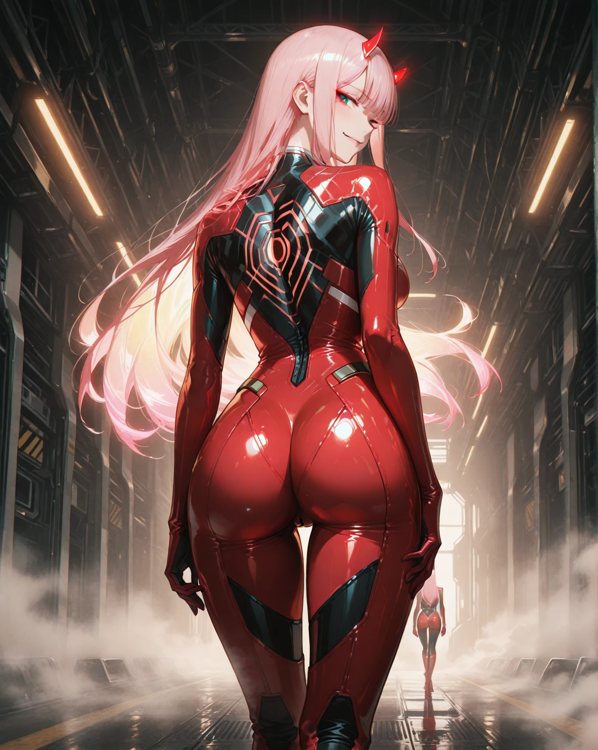 Masterpiece, top quality, best quality, official art, beautiful and aesthetic, anime, 1girl, Zero Two, extremely detailed, colorful, more detailed ((ultra-detailed)), (highly detailed CG illustration),horny,detailed face,pink hair, big green eyes,red body suit. in middle,skinny fit, small breasts,cleavege,neckline,street,night,cyberpunk,rain,wet,from behind, upskirt,camel toe.